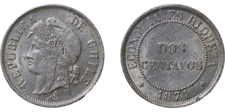 Chile, Republic. Copper-Nickel 2 Centavos. 1871 So.
