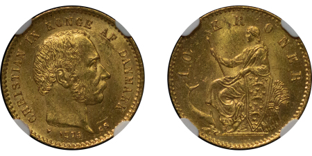 Denmark. Christian IX AU 10 Kroner. 1874 HC CS. 