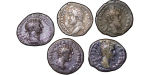 Roman. Lot of 5 AR Denarius of Marcus Aurelius, Hadrian & Antoninus Pius. 117-180AD.
