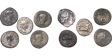 Roman Empire lot of 5 Silver Denarius with seated victory reverse, Trojan, Ant Pius, Nerva etc. 96-180AD.