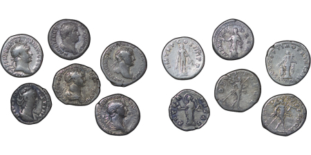 Roman Empire lot of 6 x AR Denarius. Various emporers, Faustina, Trajan etc. 96-180AD. 