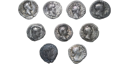 Roman Empire lot of 9 x AR denarius of Marcus Aurelius, Diva Faustina, Pius etc. 90-180AD.