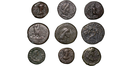 Greece. Kings of the Bosphorus lot of 9 coins, Æ 16 & 23mm. 26-341BC.