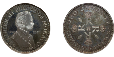 Monaco. Prince Rainier III AR Piedfort Proof 50 Francs. 1974. 