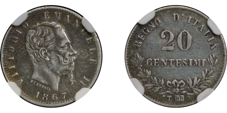 Italy. Vittorio Emanuele II AR 20 Centimes. 1867T BN. 