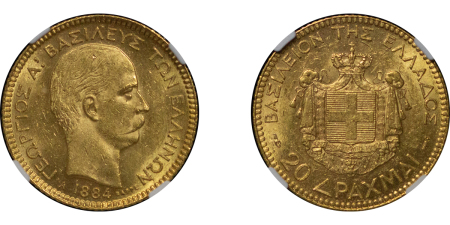 Greece. George I AU 20 Drachmai. 1884A. 