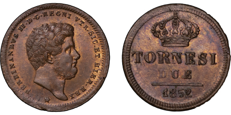 Italy, Italian States, Sicily. Ferdinand II CU Two Tornesi. 1852.