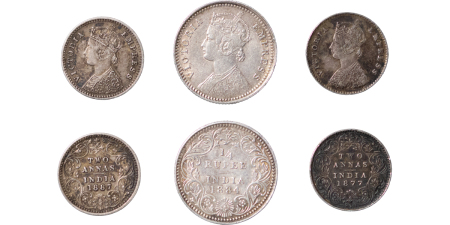 India, British Colonial. Lot of 3 Silver minors, ¼ Rupee 1884, Two Anna 1877 & 1887. 