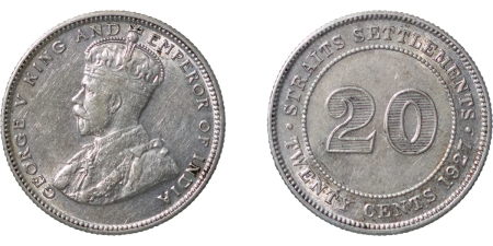 Straits Settlements. George V AR 20 Cents. 1927. 