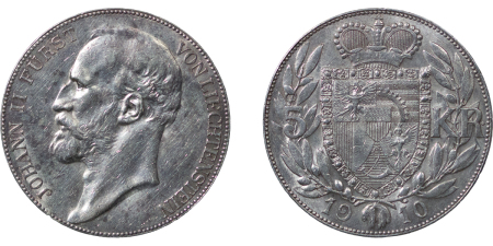 Lichtenstein. Johan II AR 5 Kronen. 1910. 