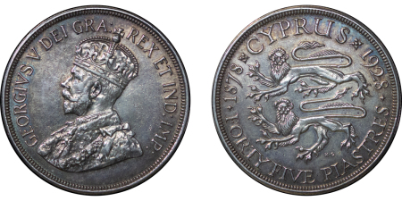 Cyprus. British Administration, George V AR 45 Piastres. 1928. 