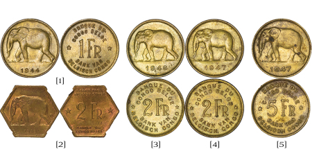 Belgian Congo. Lot of 5x Brass 1 Franc to 5 Franc coins. 1943-1947.