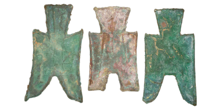 China. Lot of 3x Spade or Hoe Money. Two variants of the Flat handled variety, with pointed shoulders and square shoulders. Values are from the state of Han and State of Zhao periods (403-230BC). 