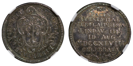 German States. Lindau AR Pattern ½ Ducat for Centennial Peace of Westphalia. 1748T.