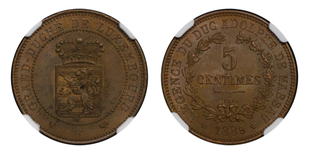 Luxembourg, Grand Duchy. Adolphus CU ESSAI 5 Centimes. 1889. 