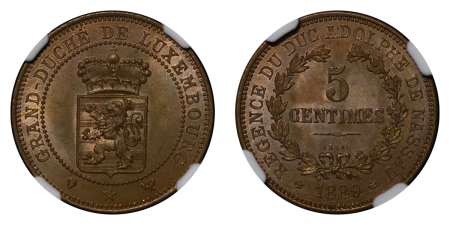 Luxembourg, Grand Duchy. Adolphus CU ESSAI 5 Centimes. 1889.