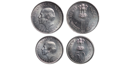 India Republic. Jawaharlal Nehru Ni set of 1 Rupee & 50 Paise. 1964.