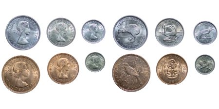New Zealand. Elizabeth II Ni & CU set of uncirculated currency issue coins. 1963-1965.