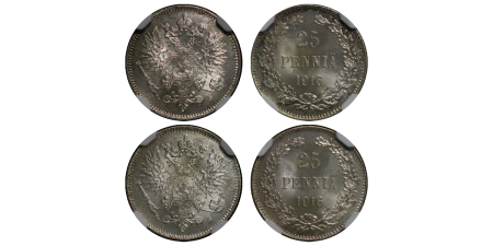 Finland, under Russian Authority. Nicholas II AR 25 Pennia. Lot of 2x High grade coins. 1916S. 