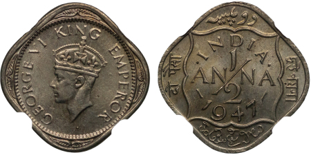 India, British Colonial. George VI Cu Ni ½ Anna. 1947B.