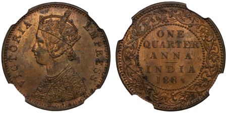 India, British Colonial. Victoria CU ¼ Anna. 1884B.