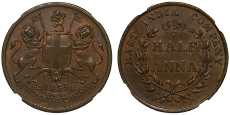 India, British Colonial. William III EIC CU ½ Anna. 1835M.