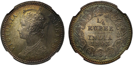 India, British Colonial. Victoria AR ¼ Rupee. 1893C.
