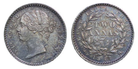 India, British Colonial. EIC Victoria AR 2 Annas. 1841. 