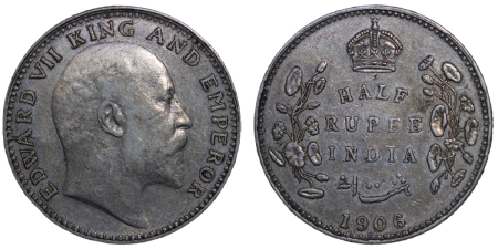 India, British Colonial. Edward VII AR Half Rupee. 1906B.