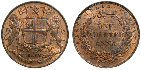 India, British Colonial. Victoria CU ¼ Anna, EIC. 1858. 