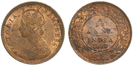 India, British Colonial. Victoria CU 1/12 Anna. 1895.