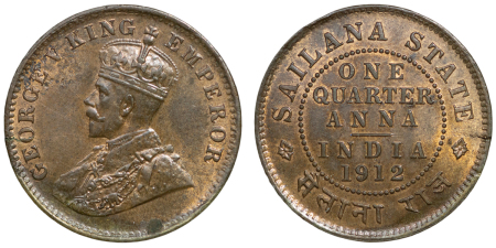 India, Princely States, British Colonial. Sailana State, George V CU ¼ Anna. 1912. 