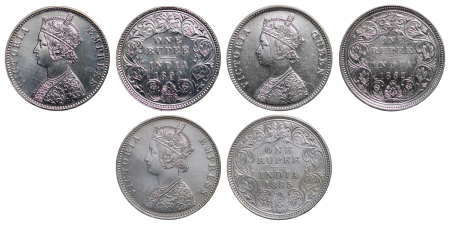 India, British Colonial. Victoria lot of 3x AR Rupees. 1862, 1885 & 1890.