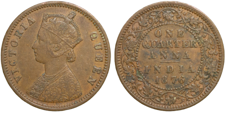 India, British Colonial. Victoria CU ¼ Anna. 1876. 