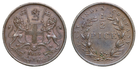 India, British Colonial. Victoria EIC CU ½ Pice. 1853.