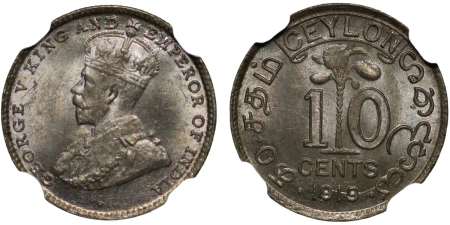 Ceylon, British Colonial. George V AR 10 Cents. 1919B. 