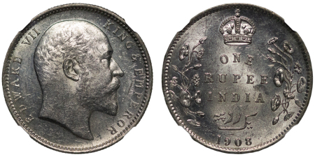 India, British Colonial. Edward VII AR Rupee. 1908C.