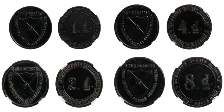 Africa, British Central Africa (Malawi). Victoria & Edward VII set of 4x Vulcanite 1d., 2d., 4d. & 8d. Kubula Store tokens. 1890-1907.
