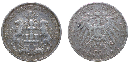Germany, Hamburg. Free Hanseatic City AR 5 Marks. 1896J. 