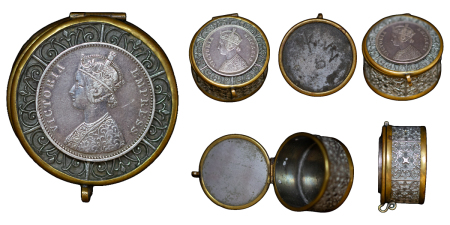 India, British Colonial. Victoria AR Rupee on ornate storage / Pill box. 1862-1901. 
