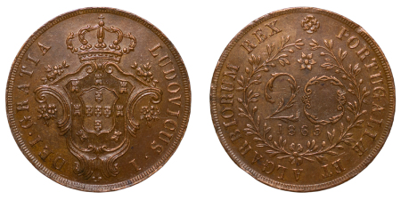 Azores, Portuguese Colonies. Louis I CU 20 Reis. 1865. 