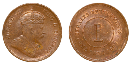 Straits Settlements, British Colonial. Edward VII CU 1 Cent. 1907. 