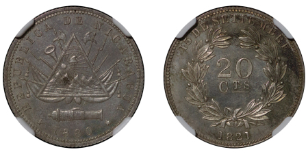 Nicaragua. Republic AR Proof (Specimen) 20 Centavos. 1880H. (Heaton Mint).