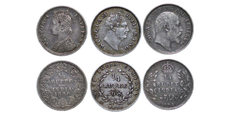 India, British Colonial. William IV, Victoria & Edward VII lot of 3x AR ¼ Rupee. 1835, 1886 & 1904. 
