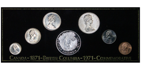 Canada, British Columbia. 100 year Commemorative set of 7 x coins, including the Bear silver round. 1971.
