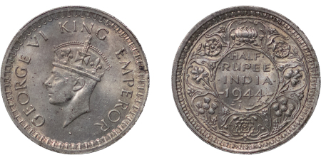 India, British Colonial. Lot of ½ & ¼ Rupee of George VI. 1944 & 1940. 