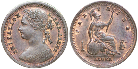 Great Britain. Victoria CU Imitation Farthing by Lauer. 1880-1888.