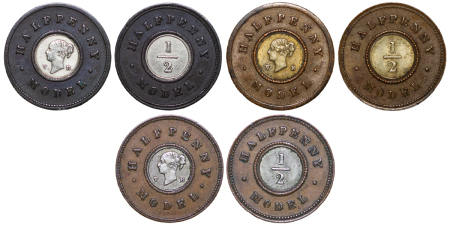 Great Britain. Joseph Moore CU Pattern Half Penny Model Coins (x3). ND (1844).