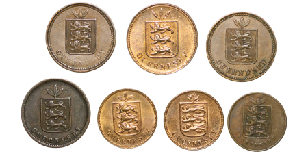 Guernsey. Victoria & George V CU lot of (7x) 1 Double & 2 Double coins. 1858-1914.