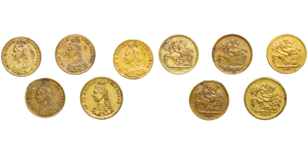 Great Britain. Victoria Lot of 5x Lauer Model Brass Jubilee Head £5, £2 & Sovereigns. 1887.